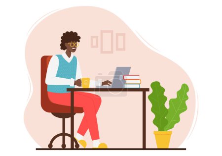 Illustration for A happy adult woman in a knitted vest and trousers is sitting at a table with a laptop. An adult lady with dark skin and hair uses the Internet. Color vector illustration on a spot background - Royalty Free Image