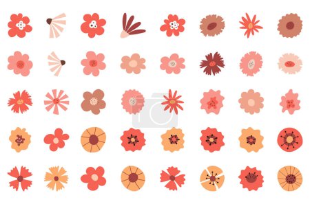 A set of simple botanical elements. Flower buds in childish style. Boho colors. Flat vector illustrations isolated on a white background