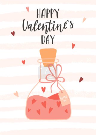 Valentine's Day card with a love elixir in a flask and a label and a handwritten phrase - Happy Valentine's Day. Symbol of love, romance. Color flat vector illustration on striped texture background