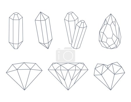 Téléchargez les illustrations : Un ensemble de cristaux, diamants, quartz, pierres précieuses. Décrivez les éléments décoratifs. Illustrations vectorielles isolées sur fond blanc. - en licence libre de droit