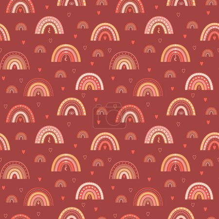 Seamless pattern with boho rainbows, hearts and boho elements. Perfect for packaging paper, home textiles. Vector illustrations on a brown-red background