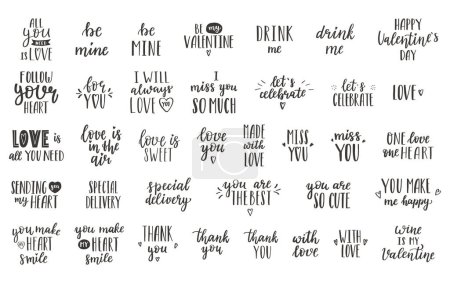 A set of handwritten words and phrases for Valentine's Day, birthday, other holidays. Hand lettering. Quotes for postcards, gift tags, labels. Black white vector silhouette isolated on white
