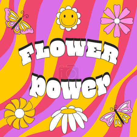 Square card with flowers and butterflies in retro doodle style. The typographic phrase Flower power. Color vector illustrations with a stroke on a bright striped background