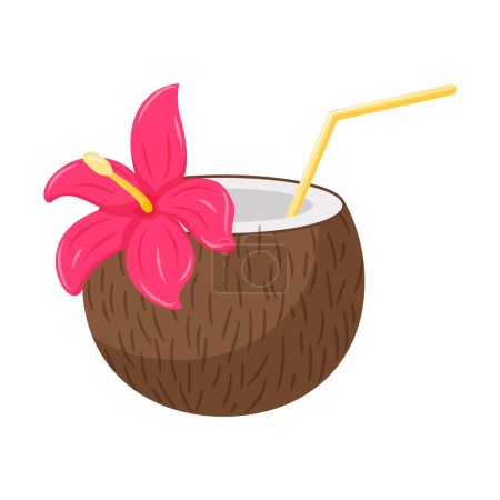Ilustración de Coctel de coco con una paja y una flor de hibisco. Una bebida refrescante de verano en la playa. Un símbolo de una fiesta en la playa. Ilustración vectorial en un estilo plano de dibujos animados aislado sobre un fondo blanco - Imagen libre de derechos