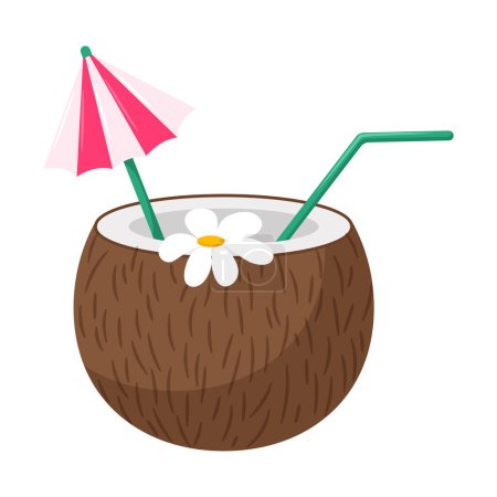 Coconut cocktail with straw, umbrella and flower. A beach summer refreshing drink. A symbol of a beach party. Vector illustration in a flat cartoon style isolated on a white background