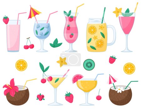 Illustration for A set of summer cocktails with fruits and berries. Cold refreshing drinks. Bright summer vector illustrations in a flat cartoon style. isolated on a white background - Royalty Free Image