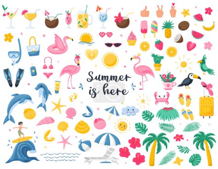 Una gran colección de brillantes elementos de diseño de verano. Cócteles, botánica, animales, accesorios de playa, frutas tropicales, comida dulce. Lindas ilustraciones vectoriales en estilo plano de dibujos animados aislados en blanco.