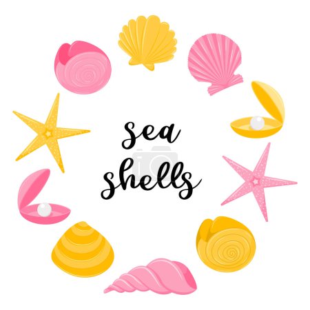Round pink-yellow frame of marine aquatic animals, spiral shells, nautilus, starfish, pearl clam. Flat cartoon style. Vector illustrations isolated on a white background