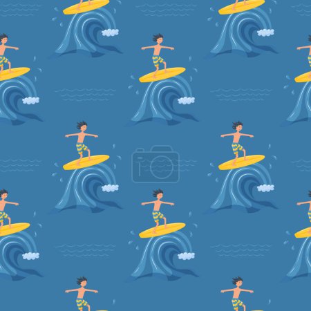Illustration for Seamless pattern with a surfer boy riding a wave. Active summer sports, entertainment. Sea, ocean wave. For summer clothes, towels, beach accessories. Vector illustration on a dark blue background - Royalty Free Image