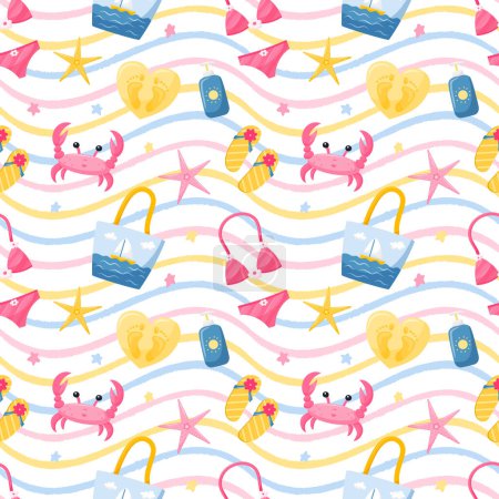 Summer seamless pattern with crab, beach accessories, bag, swimsuit and sunscreen, flip-flops. Bright vector illustrations in a flat cartoon style on a white background with colored texture waves