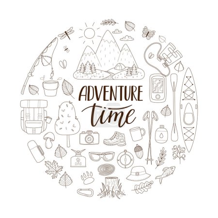 Doodle set of tourist equipment for camping, traveling, picnic, fishing. Lettering adventure time. Round composition as a print on clothes, cards, web. Outline vector illustrations isolated on white.