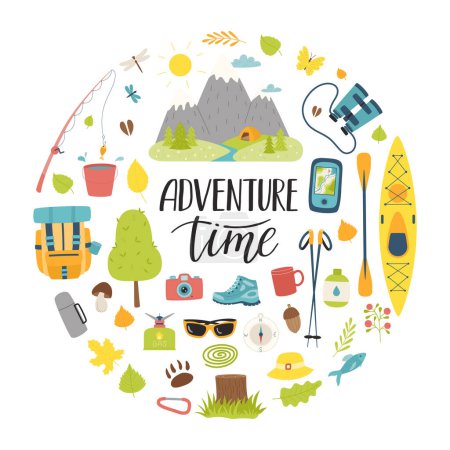 A set of tourist equipment for camping, traveling, picnic, fishing. Lettering adventure time. Round composition as a print on clothes, postcards, web. Flat vector illustrations isolated on white.