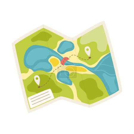 Papel mapa turístico de la zona. Una herramienta para la navegación, la orientación en el terreno. Equipamiento para el turismo, viajes, senderismo, deportes. Ilustración vectorial plana aislada sobre fondo blanco.