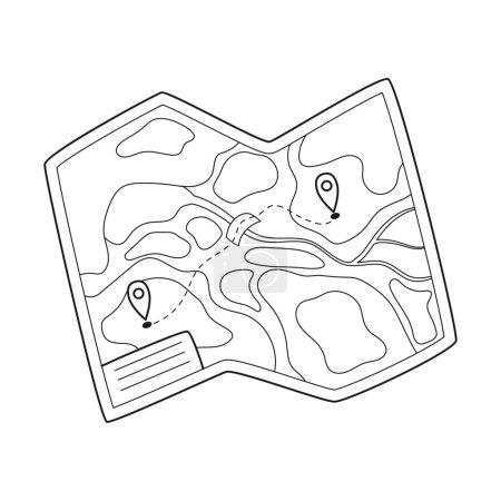 Doodle Paper tourist map of the area. A tool for navigation, orientation on the terrain. Equipment for tourism, travel, hiking, sports. Outline black and white vector illustration isolated on a white.