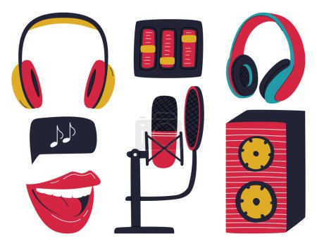 Ilustración de Un conjunto de elementos de diseño de un podcasting, musical, equipo de grabación. Auriculares para la oreja, un altavoz, un micrófono en un soporte con filtro pop. Ilustraciones vectoriales planas a color aisladas en blanco - Imagen libre de derechos