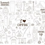 Doodle collection of elements for camping, traveling, hiking, outdoor recreation, picnic. Graphic objects for scrapbooking, posters, banners, stickers, cards. Outline vector illustration on white.