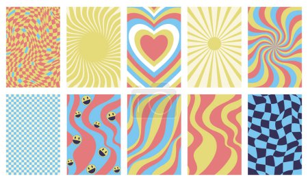 A set of geometric abstract retro posters with a chess background, sun, heart, waves, smiley face and psychedelic swirl. Nostalgic backgrounds in faded colors. Collection of Y2k posters or backgrounds