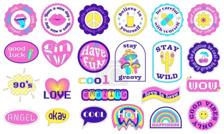 Cool Y2K Stickers Pack in geometric shapes. Text motivational, inspirational phrases and words. Trendy Cute Girly Patches collection acid weird surreal elements. Vector illustration isolated on white