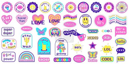 A set of y2k stickers with text motivational, positive phrases. Collection of Pop Art Patches from 2000s in geometric shapes with acid weird surreal elements. Vector illustration isolated on white