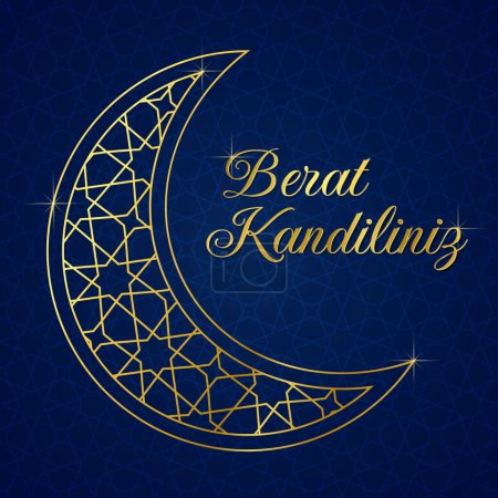 Muslim holiday. Vector concept of Islamic holy night Berat Kandiliniz. Translation islamic holy night. Card with a crescent with an Arabic pattern. Vector illustration on blue gradient background.