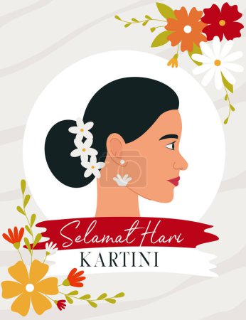 Téléchargez les illustrations : Selamat Hari Kartini Means Happy Kartini Day. Kartini is Indonesian Female Hero. Profile of a dark-haired woman surrounded by flowers. Flat vector illustration - en licence libre de droit