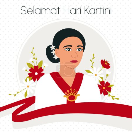 Téléchargez les illustrations : Raden Adjeng Kartini the hero of women and human right in Indonesia. Selamat Hari Kartini Means Happy Kartini Day. Asian woman surrounded with flowers and red and white flag. Flat Vector Illustration. - en licence libre de droit