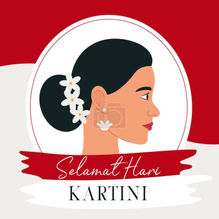 Téléchargez les illustrations : Selamat Hari Kartini Means Happy Kartini Day. Kartini is Indonesian Female Hero. Profile of an Asian woman with dark hair on a background of red and white Indonesian flag. Flat Vector Illustration - en licence libre de droit