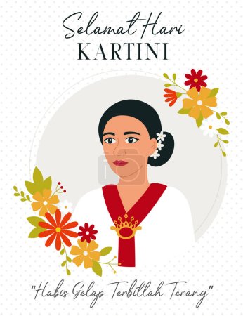 Téléchargez les illustrations : Kartini est une héroïne de l'indonésie. Selamat Hari Kartini signifie Joyeuse journée Kartini. Femme asiatique avec des fleurs. Habis gelap terbitlah terang signifie Après l'obscurité vient la lumière. Illustration vectorielle plate. - en licence libre de droit