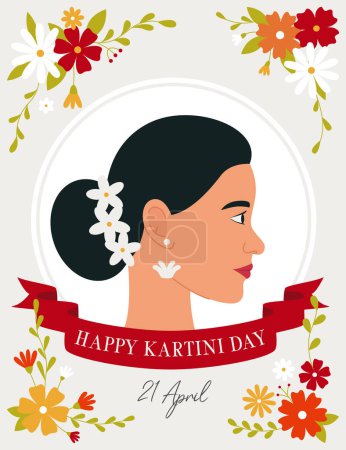 Téléchargez les illustrations : Joyeuse journée Kartini. Profil d'une femme brune entourée de fleurs. Des vacances indonésiennes. Kartini est une héroïne indonésienne. Illustration vectorielle plate - en licence libre de droit