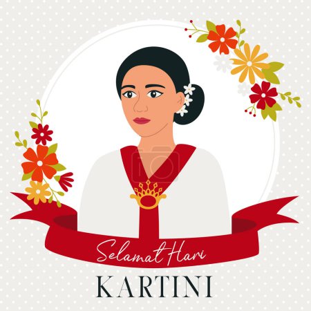 Téléchargez les illustrations : Kartini est une héroïne de l'indonésie. Selamat Hari Kartini signifie Joyeuse journée Kartini. Femme asiatique avec des fleurs. Carte carrée avec ruban. Illustration vectorielle plate. - en licence libre de droit