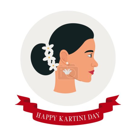 Téléchargez les illustrations : Joyeux Kartini Day. Kartini est une héroïne indonésienne. Profil d'une femme asiatique aux cheveux foncés. Illustration vectorielle plate - en licence libre de droit