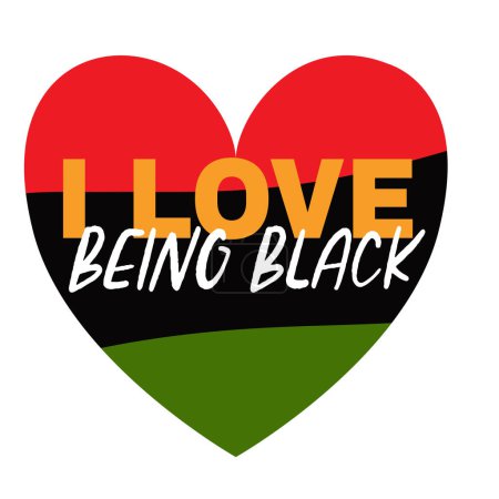 Ich liebe es, schwarz zu sein. Herz in den Farben des schwarzen Monats der Geschichte, Juni, Nationaler Tag der afroamerikanischen Unabhängigkeit. T-Shirt, Kartendesign. Vektor-Illustration isoliert auf weißem Hintergrund.