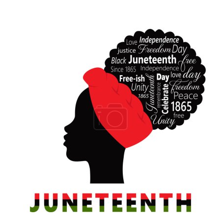 Juneteenth. Cartel tipográfico con silueta de mujer africana y palabras que simbolizan la historia y el patrimonio afroamericanos, Día Nacional de la Independencia. Ilustración vectorial sobre un fondo blanco