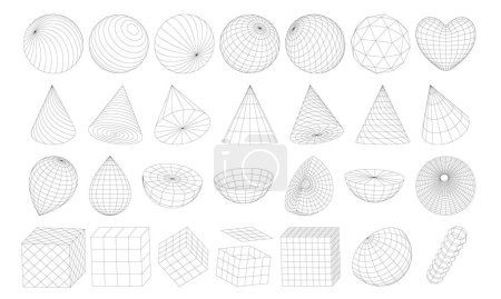 A set of frame geometric shapes. Surface grid and sphere ball, cubes, cones, hemispheres, heart. Retro futuristic grids, 3D mesh objects. Isolated Vector Graphic elements inspired by cyberpunk style