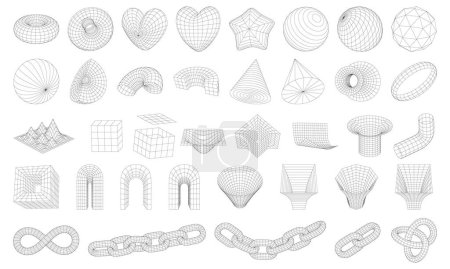 Conjunto de formas geométricas en 3D. Figuras abstractas de alambre. Rejillas de malla distorsionadas. Cadena, cono, símbolo del infinito, arco, estrella, esfera, nudo. Elementos de diseño gráfico aislado.
