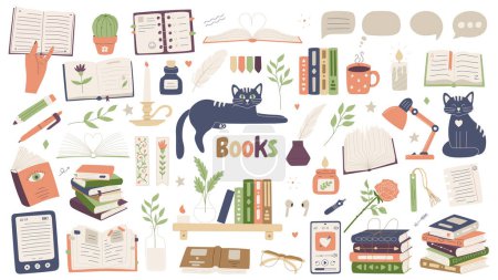 Illustration for Reading set of books. For reading lovers. Open books, piles, in a stack, glasses, audiobook, ebook, books on shelf, speech bubbles, cats, Flat cartoon vector illustration isolated on white background - Royalty Free Image
