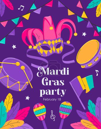 Illustration for Mardi Gras party poster. Card, invitation template for masquerade carnival, festival. Venetian facial mask, drum, maracas, feathers. Flat vector illustration on purple background. Clipping mask. - Royalty Free Image