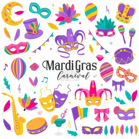 Illustration for Mardi Gras traditional symbols collection. Decorative elements for Mardi Gras, Venetian festival. Carnival masks, party decorations, feathers. Flat vector illustrations isolated on a white background. - Royalty Free Image