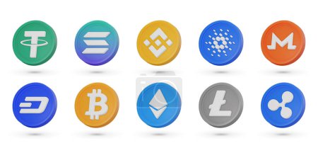 Illustration for Set with different 3D vector crypto coins. Cryptocurrency symbols, 3D vector icons isolated on a white background. Bitcoin, Etherium, Solana, Dash and others - Royalty Free Image