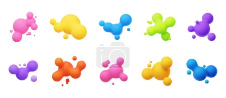 Illustration for Colorful 3D morphing balls. Liquid blobs like lava lamp. Fluid 3D metaballs. Bright vector illustration for cards, posters, advertising, flyers. Isolated on white background. - Royalty Free Image