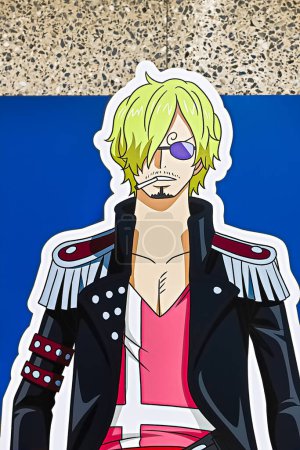 Foto de Osaka, Japan - Sep 6, 2022 : Photo of anime characters Sanji from ONE PIECE FILM RED. At the Osaka Metro stamp rally as part of the movie promotion - Imagen libre de derechos