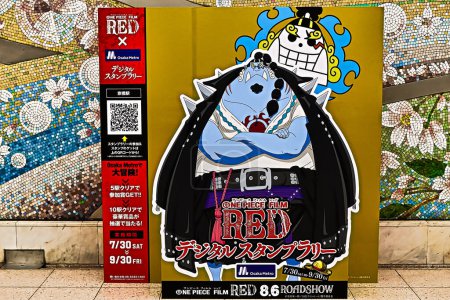 Foto de Osaka, Japan - Sep 6, 2022 : Photo of anime characters JINBE from ONE PIECE FILM RED. At the Osaka Metro stamp rally as part of the movie promotion - Imagen libre de derechos