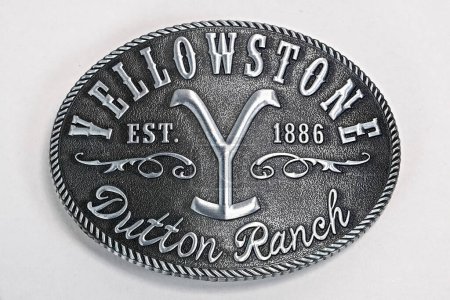 Photo for Osaka,Japan - May 15, 2023 : Display of Changes Yellowstone Dutton Ranch Y Logo Belt Buckle in Studios shot. - Royalty Free Image