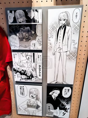 Photo for OSAKA,JAPAN - JAN 04, 2024 : Photo of objects from a collection of famous scenes from popular Japanese manga "That dress-up doll falls in love" at Exhibition held in Osaka. - Royalty Free Image