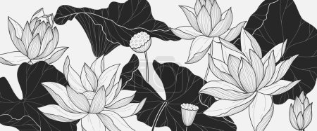 Ilustración de Botanical line bakground with lotus or water lily flowers and leaves. Floral foliage for wedding invitation, wall art or card template. Vector illustration. Luxury rustic trendy art - Imagen libre de derechos