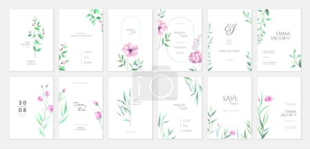 Illustration for Set of floral watercolor wedding broshure. Wreath borders dividers, frame corners and minimalist flowers branch. Hand drawn line herb, elegant leaves for invitation save the date card. Botanical - Royalty Free Image