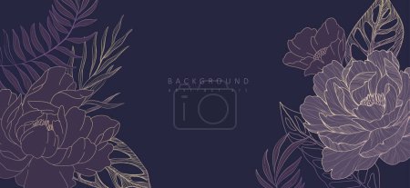 Téléchargez les illustrations : Botanical line bakground with peonies flowers and leaves. Floral foliage for wedding invitation, wall art or card template. Vector illustration. Luxury rustic trendy art - en licence libre de droit