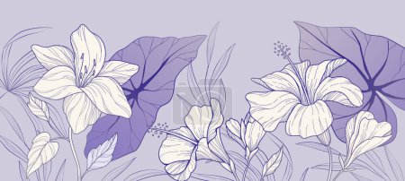 Téléchargez les illustrations : Botanical line bakground with lily flowers and leaves. Floral foliage for wedding invitation, wall art or card template. Vector illustration. Luxury rustic trendy art - en licence libre de droit