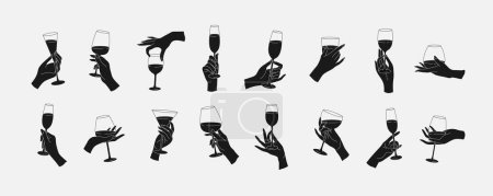 Illustration for Collection of different woman hands gestures hold wineglass or drink cocktails. Minimal silhouette trendy style. Line icons or symbol of female hand for logo in restaurant or bar. Vector illustration - Royalty Free Image