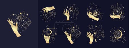 Ilustración de Logo mágico Golden Spiritual o talismán con manos de mujer en estilo silueta con estrellas, geometría sagrada luna y sol. Plantilla de logotipo de objeto de tatuaje místico Alchemy. Ilustración vectorial - Imagen libre de derechos